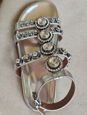 Kurt Geiger Crystal-embellished Metallic Silver Sandals Ankle Strap Size 7 EU37